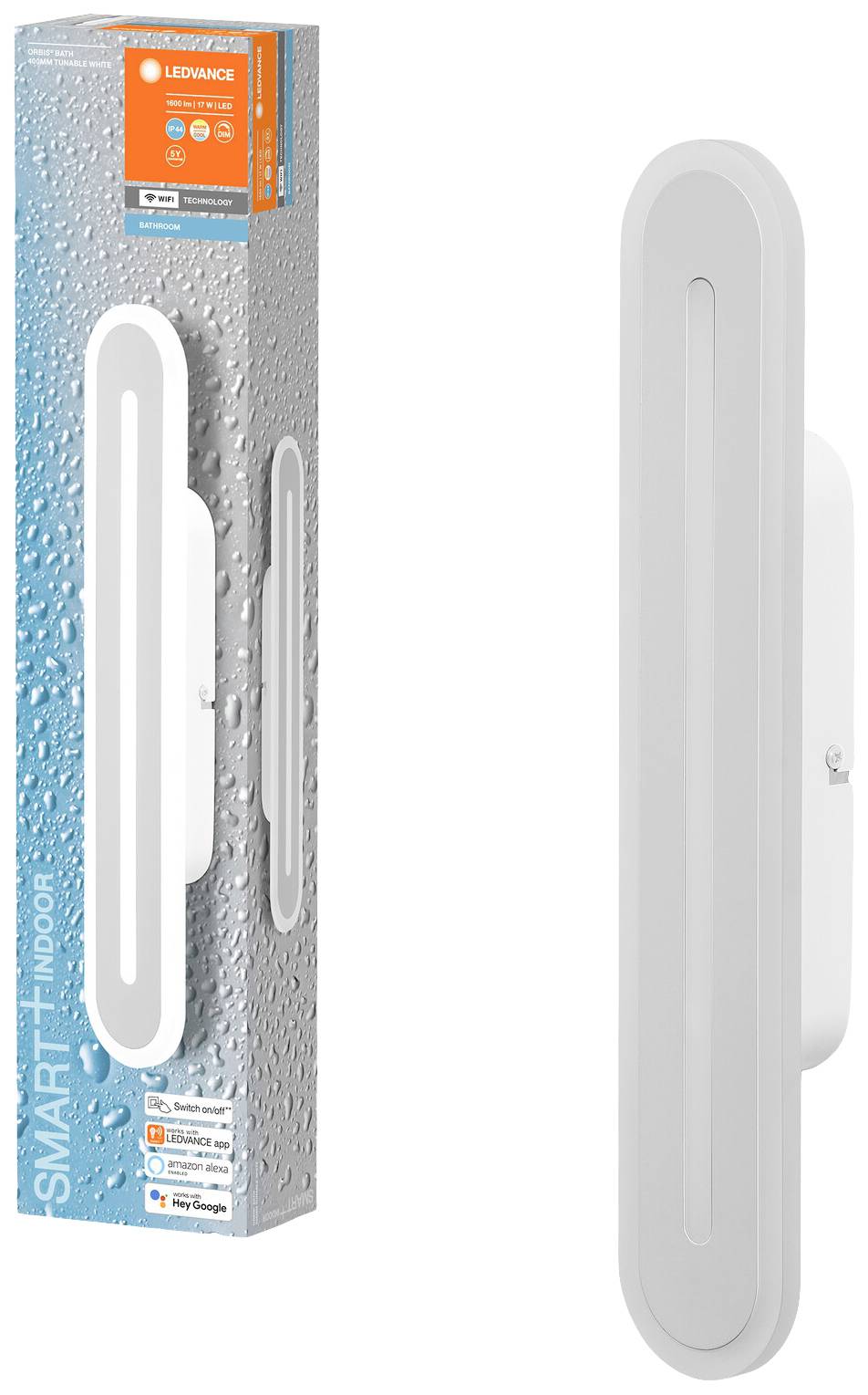Eine LED-Leuchte von Ledvance mit vertikalem, ovalem Design und passender Verpackung. Die Leuchte ist für den Innenbereich gedacht.
