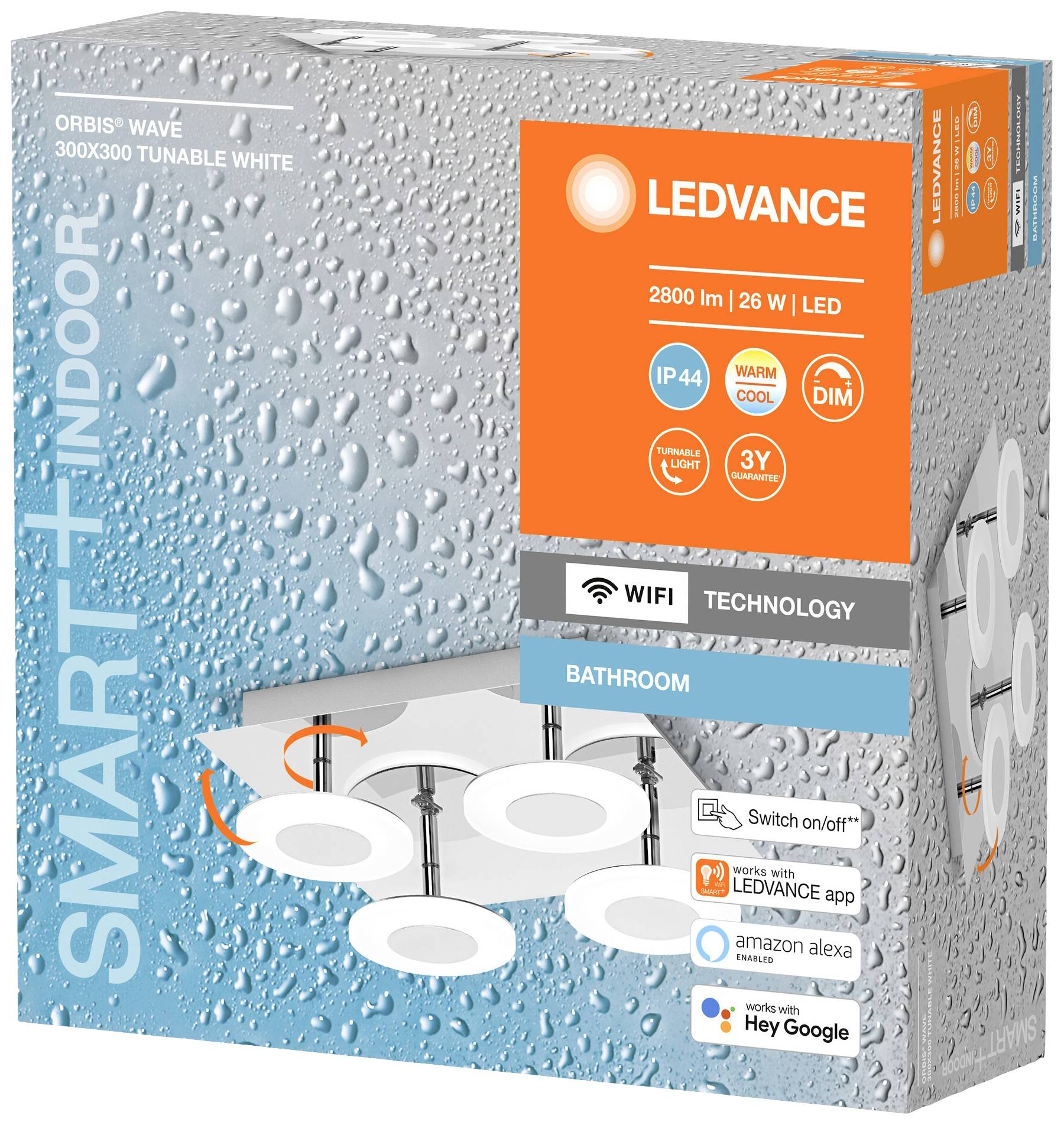 LED-Leuchte von Ledvance in Verpackung mit 2800 Lumen, 26 Watt, LED, dimmbar, IP44-Schutz. Geeignet für Badezimmer, mit WiFi-Technologie.