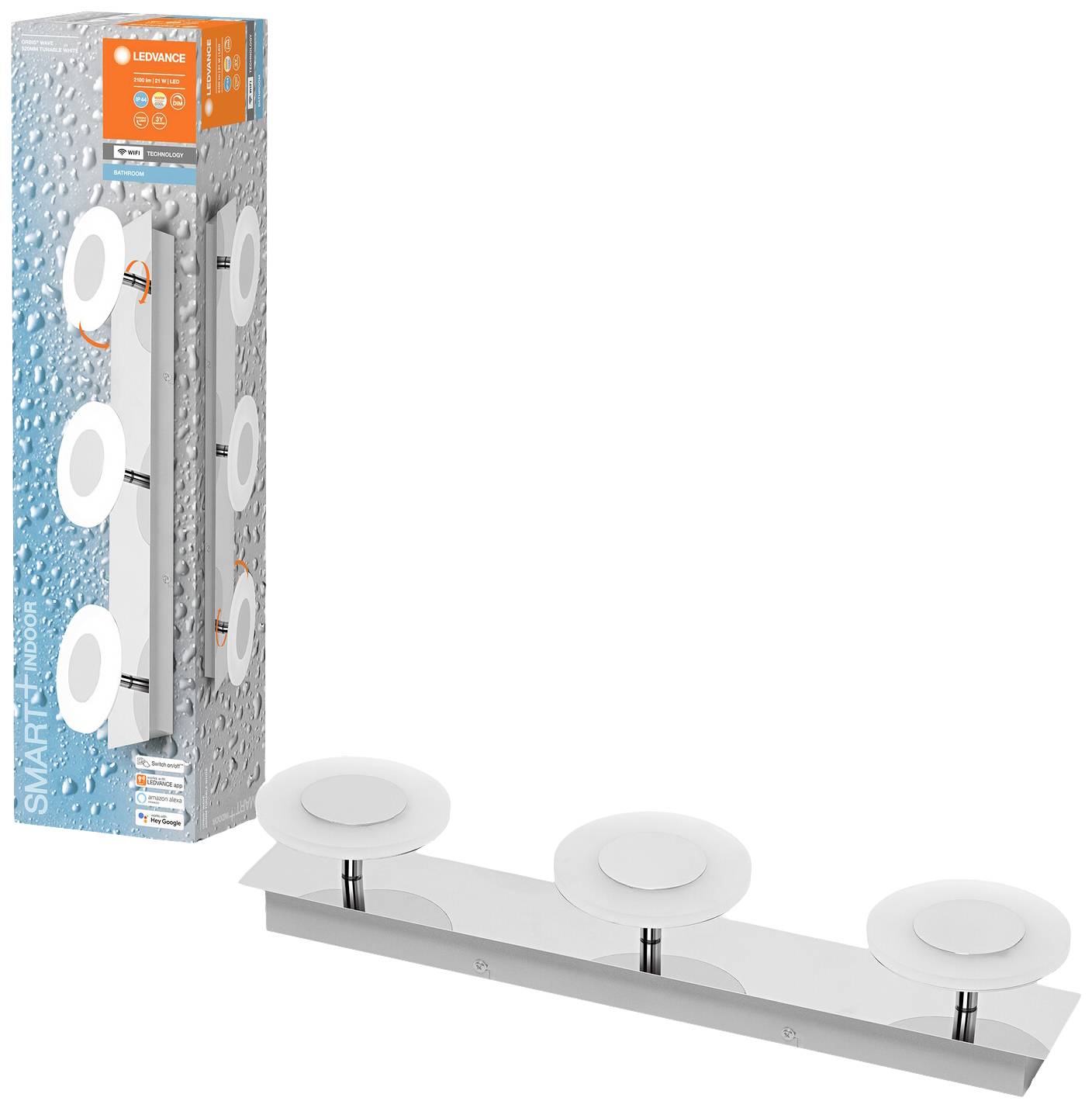 Dreifache LED-Wand- oder Spiegel-Leuchte in modernem Design, verpackt in einer blau-weißen Box. Ideal für Badezimmerbeleuchtung.