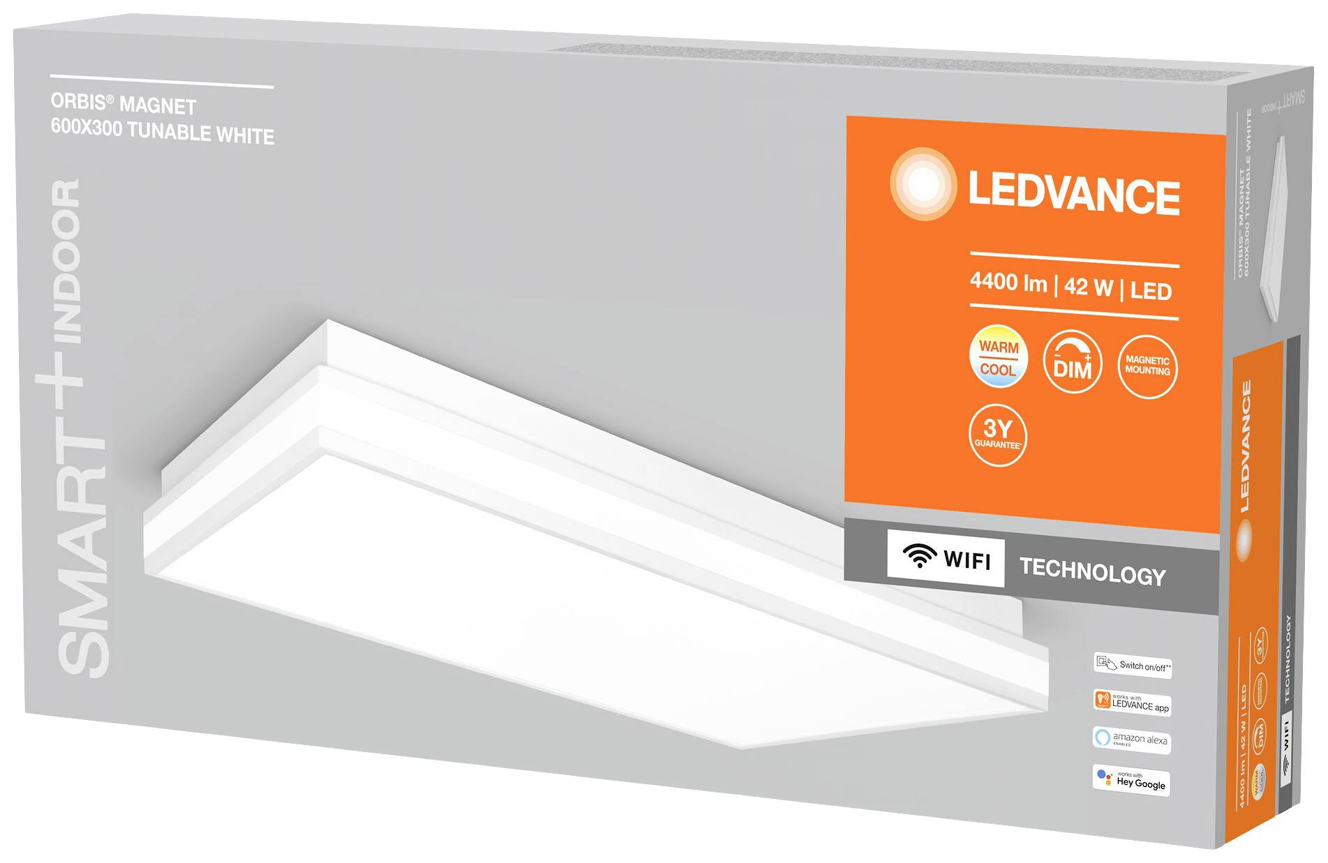 Rechteckige LED-Deckenleuchte von Ledvance mit einstellbarer Lichtfarbe und Helligkeit, 4400 Lumen, Wi-Fi-Steuerung.