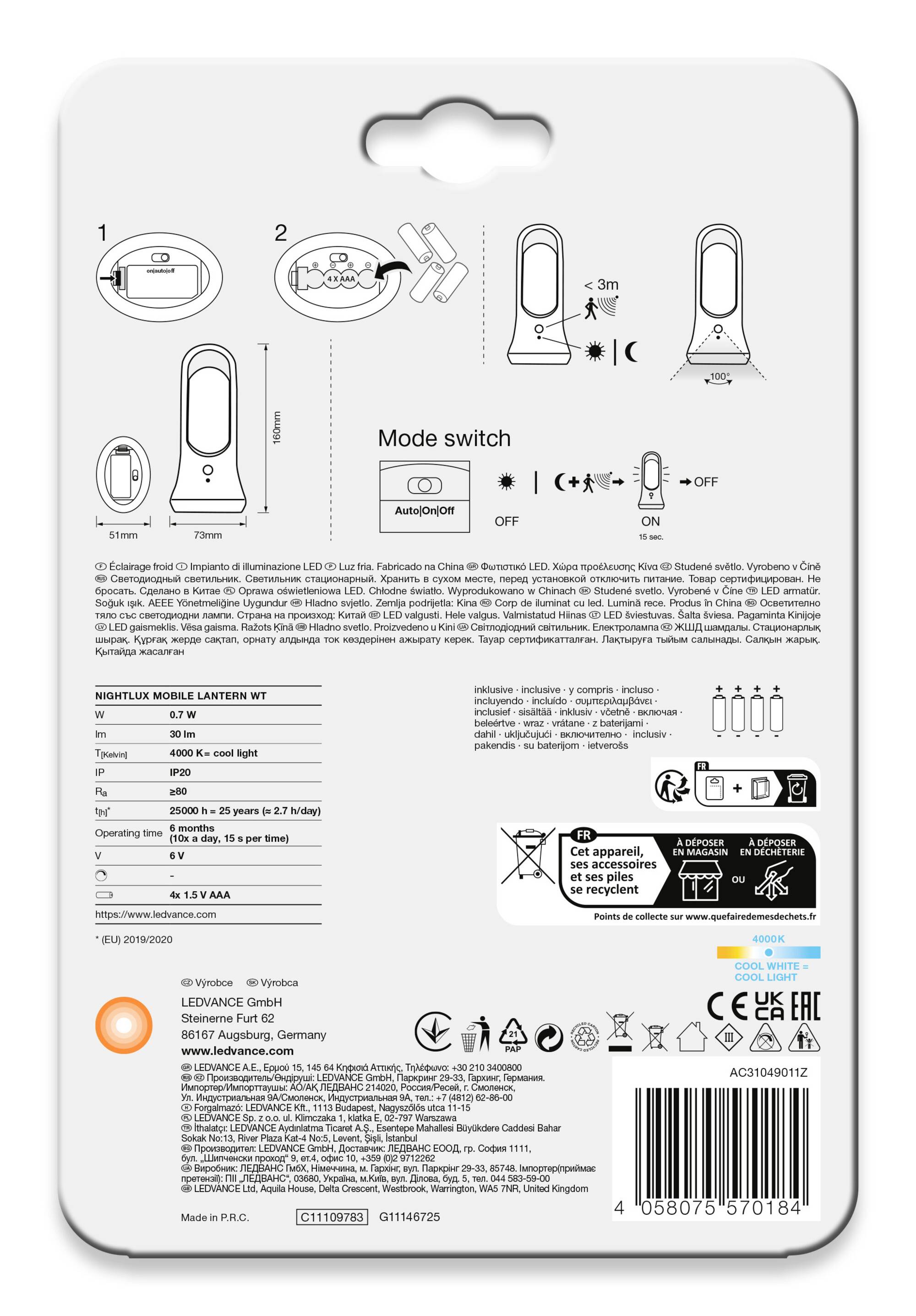 Verpackungsrückseite einer LED-Lampe. Anweisungen zum Batteriewechsel, Schaltermodi und Skizzen des Produkts in verschiedenen Ansichten.