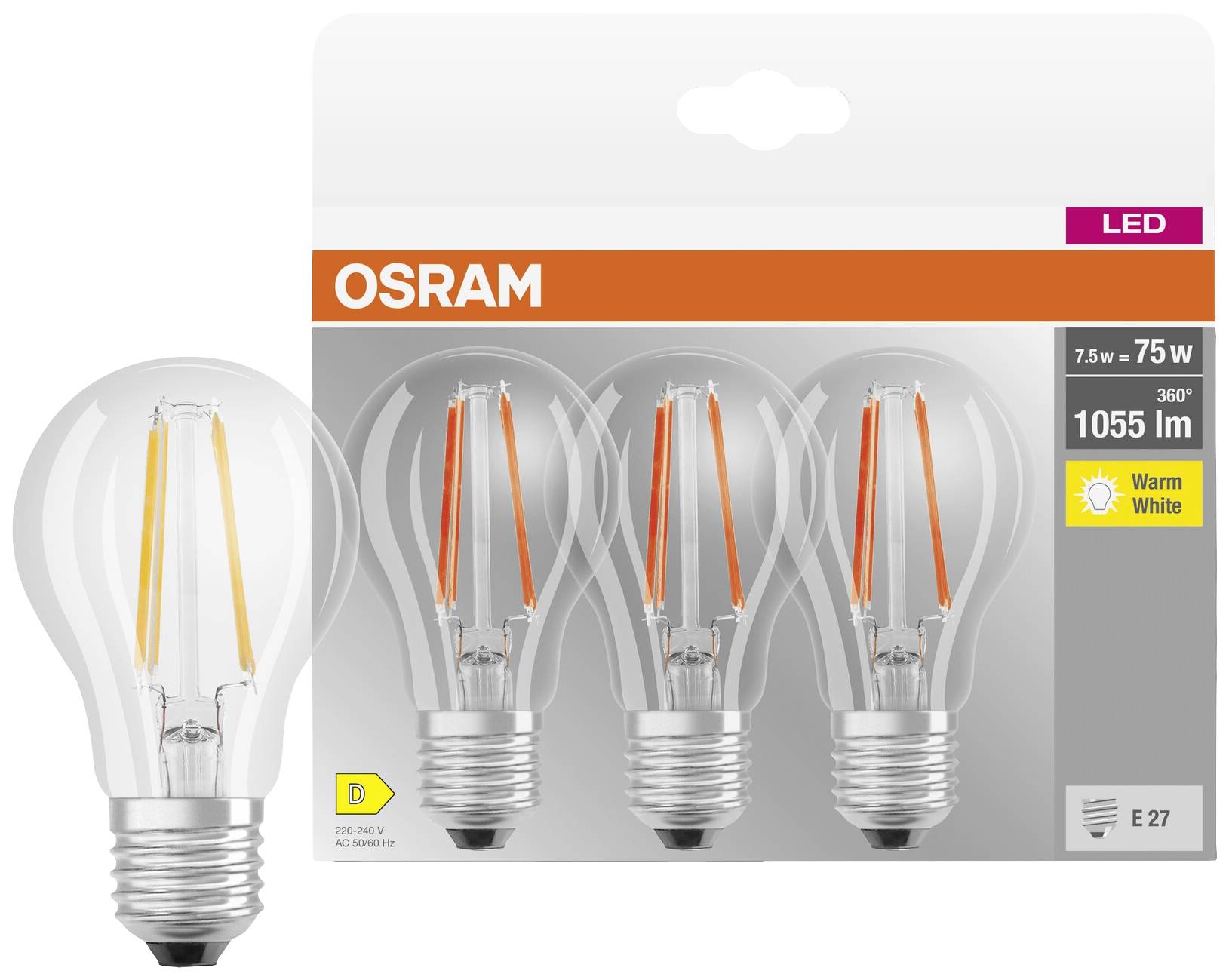LED-Glühbirnen der Marke Osram, 7,5 W, 1055 Lumen, warmweiß, E27-Fassung, vier Stück in einer Verpackung.