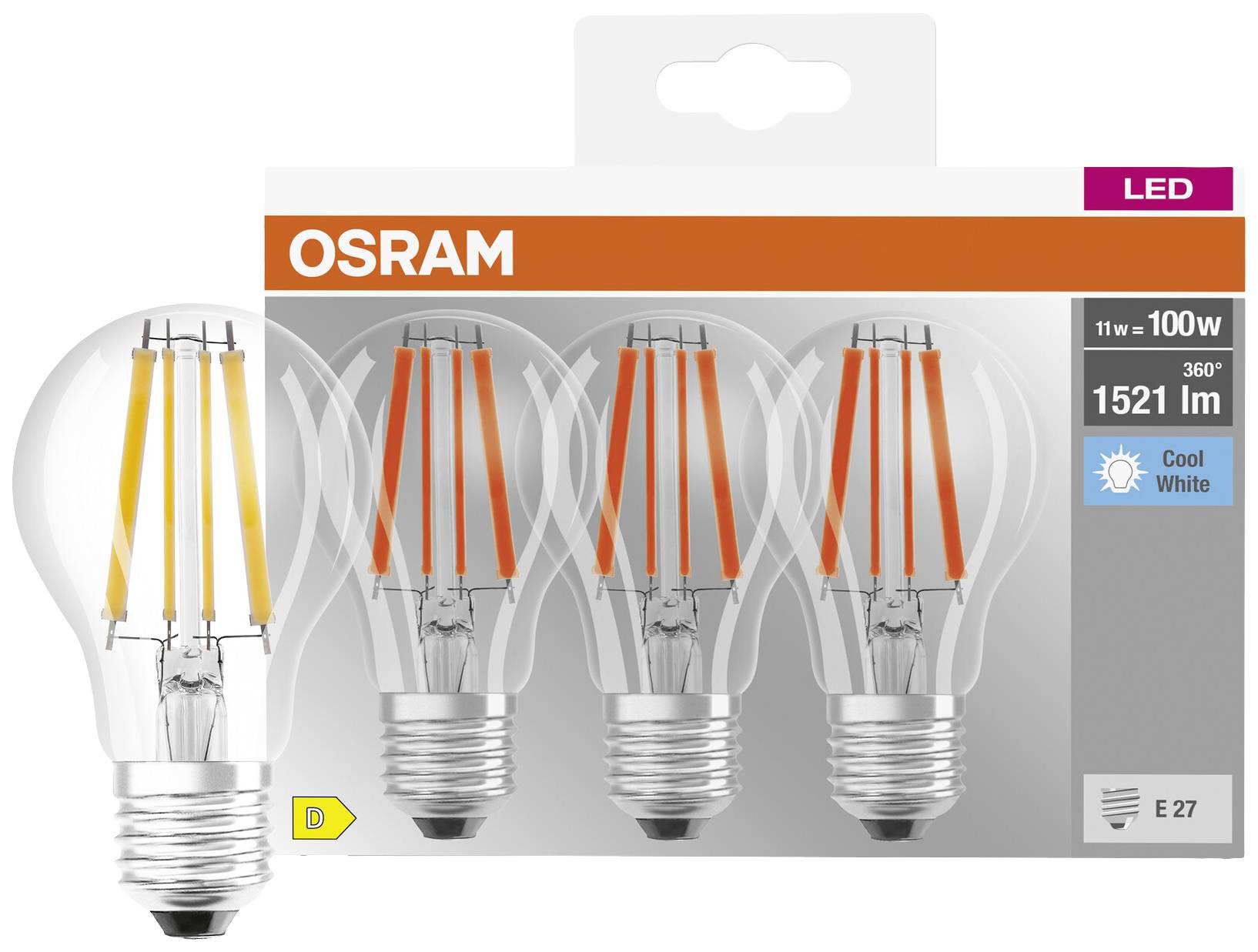 'Dreierpack LED-Glühbirnen von OSRAM, 11W = 100W, 360°, 1521 lm, E27 Fassung, kaltweiß, Energieklasse D.'