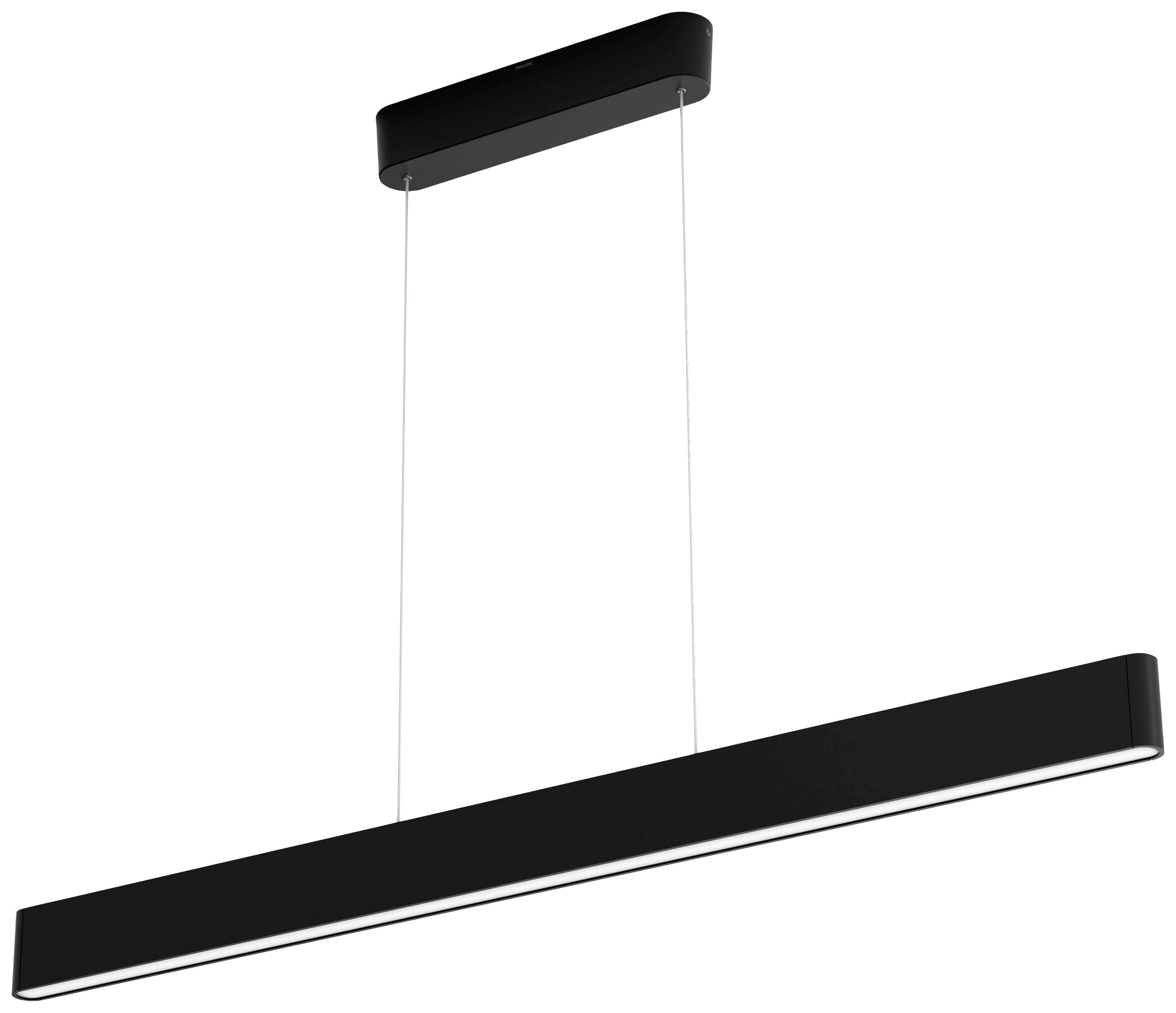 Eine moderne, minimalistische schwarze Pendelleuchte mit rechteckigem Design und dünnen Kabeln, die von der Decke hängt.