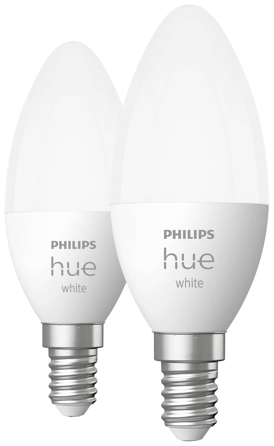 Zwei Philips Hue White LED-Glühbirnen in Kerzenform, jeweils mit E14-Sockel, gezeigt auf einem weißen Hintergrund.