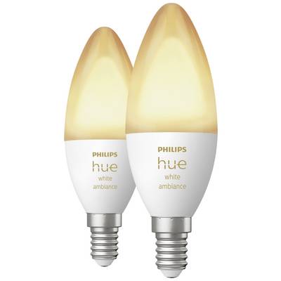 Zwei Philips Hue White Ambiance LED-Glühbirnen mit E14-Sockel; sie leuchten in einem warmen Weißton.