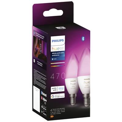 'Philips Hue White and Color Ambiance' Verpackung mit zwei E14-Glühbirnen, kompatibel mit Alexa und Google Home. Verpackung in Dunkelrosa.