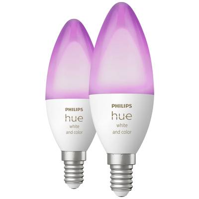 Zwei Philips Hue Glühbirnen, weiß und farbig leuchtend, mit E14-Sockel, zeigen Anpassbarkeit von Lichtfarben für smarte Beleuchtung.