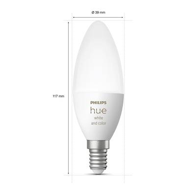 Eine Philips Hue Glühbirne, weiß und farbig, mit den Maßen 117 mm Höhe und 39 mm Durchmesser.