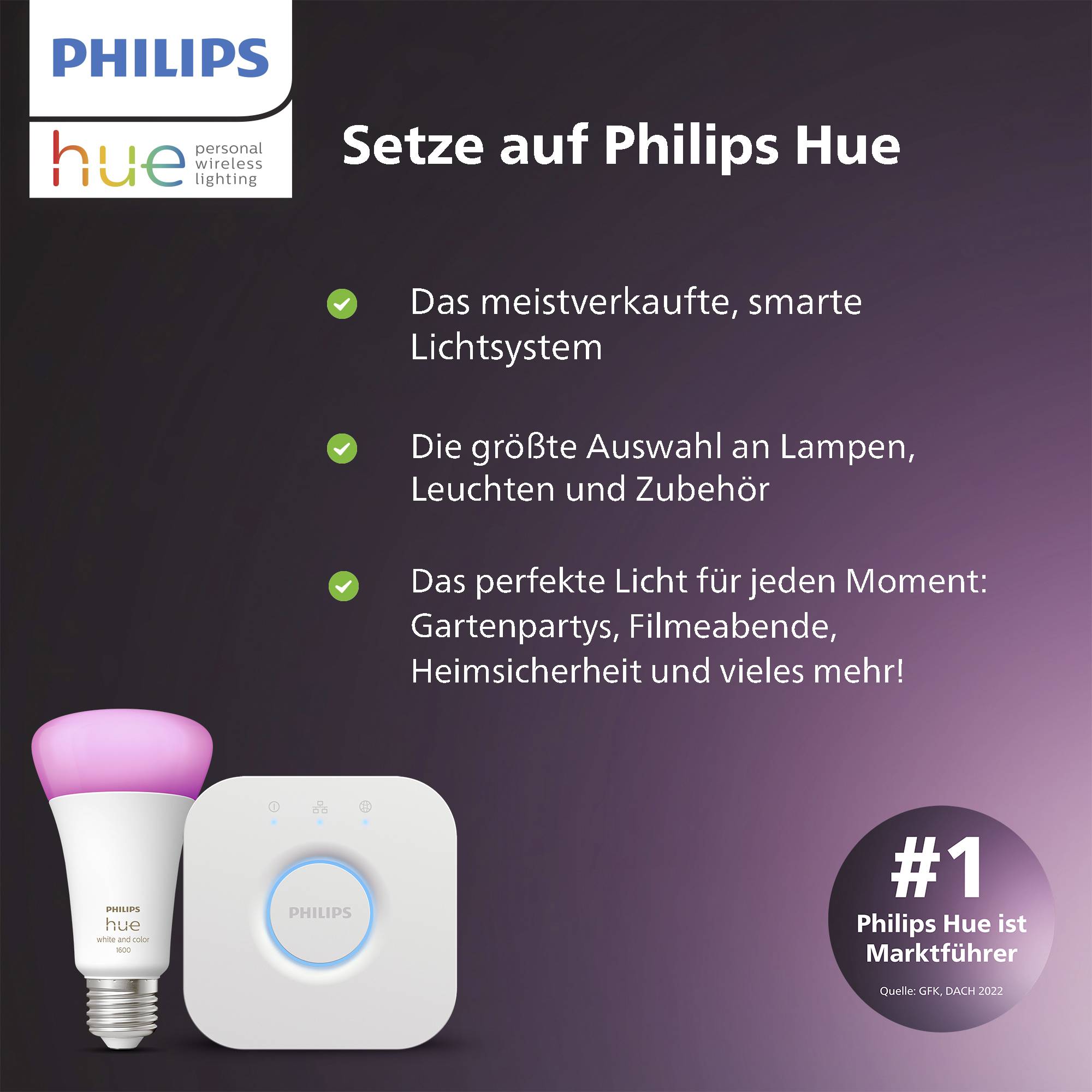 Philips Hue Werbebild: Zeigt smartes Lichtsystem mit verschiedenen Lampen. Slogan: 'Setze auf Philips Hue'. Hinweis: Marktführer.
