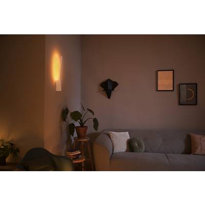 Ein Wohnzimmer mit gedämpfter Beleuchtung. Eine Wandlampe wirft warmes Licht auf die Wand. Ein Sofa mit Kissen, Pflanzen und Bilderrahmen.