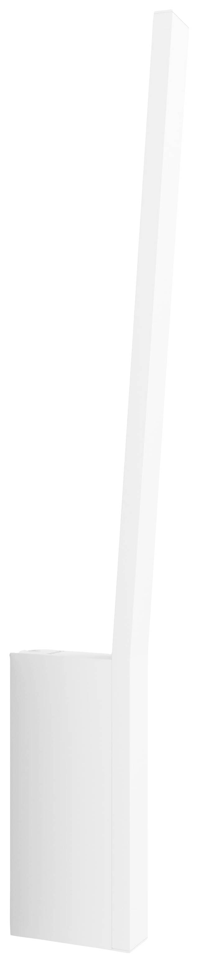 Ein minimalistischer, weißer, rechteckiger Kunstgegenstand mit langer, schräger Spitze.