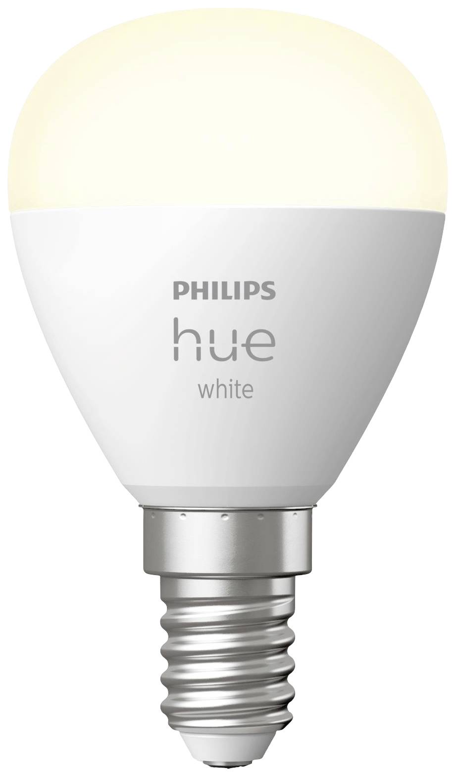 Eine weiße Philips Hue LED-Glühbirne mit E14-Sockel leuchtet. Sie ist optimiert für smarte Lichtsteuerung und Energieeffizienz.
