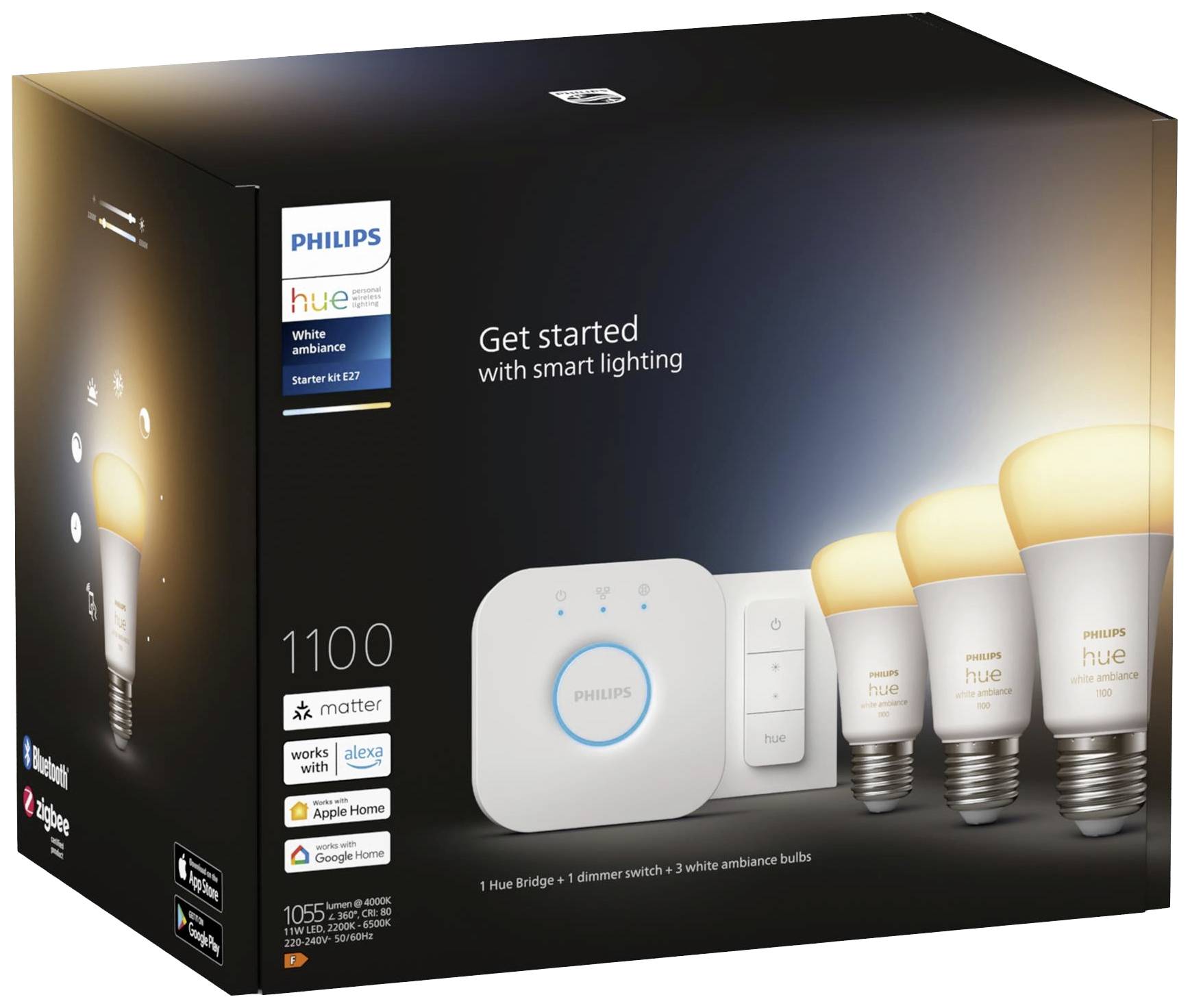 Philips Hue Lampadina LED 871951429123200 ERP: F (A - G) Hue White Ambiance 3er Starter Set inkl. Dimmschalter 3x800lm 75W E27 11 W Da bianco caldo a 