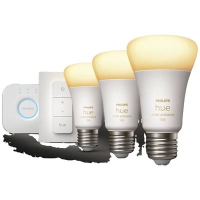 Drei leuchtende Philips Hue Glühbirnen mit weißem Ambiente und eine Steuerungseinheit. Glühbirnen sind in verschiedenen Größen angeordnet.