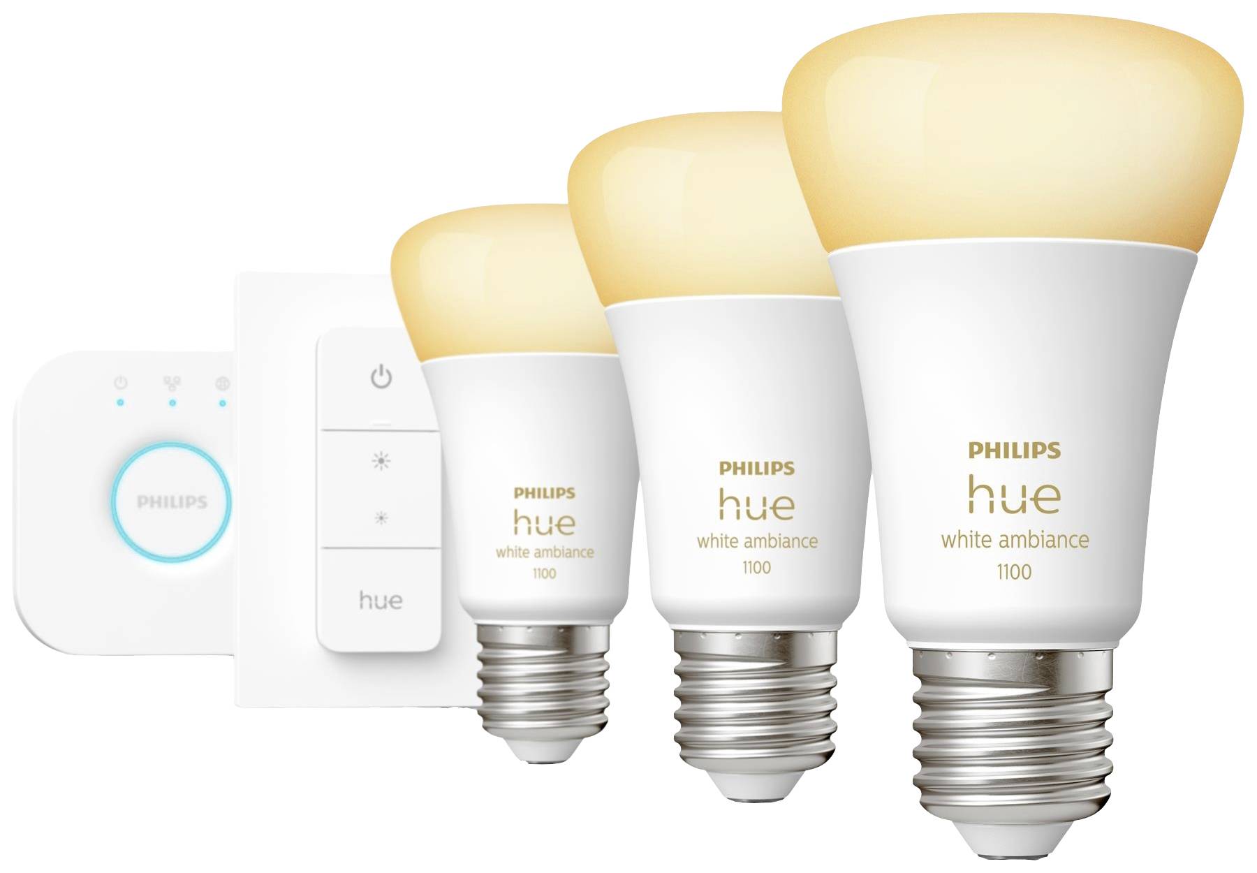 'Drei Philips Hue White Ambiance Glühbirnen und ein Philips Hue Dimmschalter. Die Glühbirnen haben eine E27-Fassung und warmweißes Licht.'