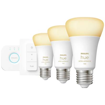 'Drei Philips Hue White Ambiance Glühbirnen und ein Philips Hue Dimmschalter. Die Glühbirnen haben eine E27-Fassung und warmweißes Licht.'