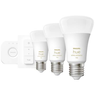Drei LED-Glühbirnen der Marke Philips Hue White Ambiance und eine Steuereinheit mit Tasten zur Helligkeitsanpassung.