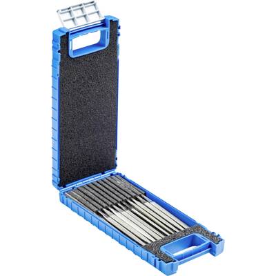 Ein offener blauer Werkzeugkoffer mit mehreren Metallfeilen, die ordentlich nebeneinander liegen, auf schwarzem Schaumstoff.