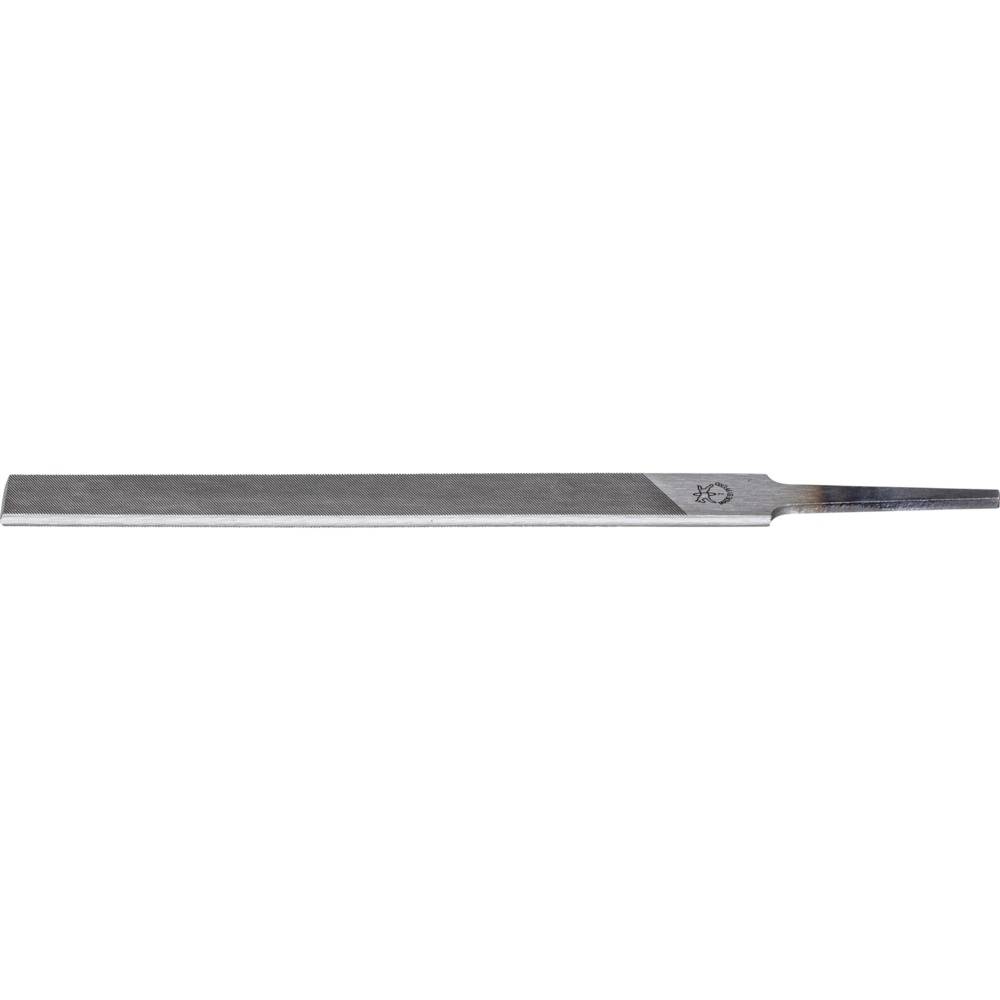 Eine flache Feile mit einem scharfen, rechteckigen Querschnitt und einem spitz zulaufenden Ende. Ideal für präzises Feilen von Metall.