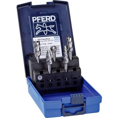 Ein Fräsersatz von 'PFERD' in einer blauen Box, die fünf verschiedene Fräser enthält. Jeder Fräser hat eine spezifische Form und Größe.
