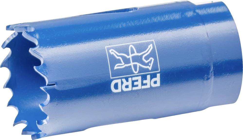 Blaue Lochsäge mit gezackten Kanten und dem weißen Logo eines Pferds.