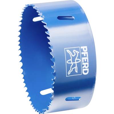 Blaue Lochsäge mit gezahnter Schneide und seitlichen Schlitzen, trägt das Logo 'PFERD'.
