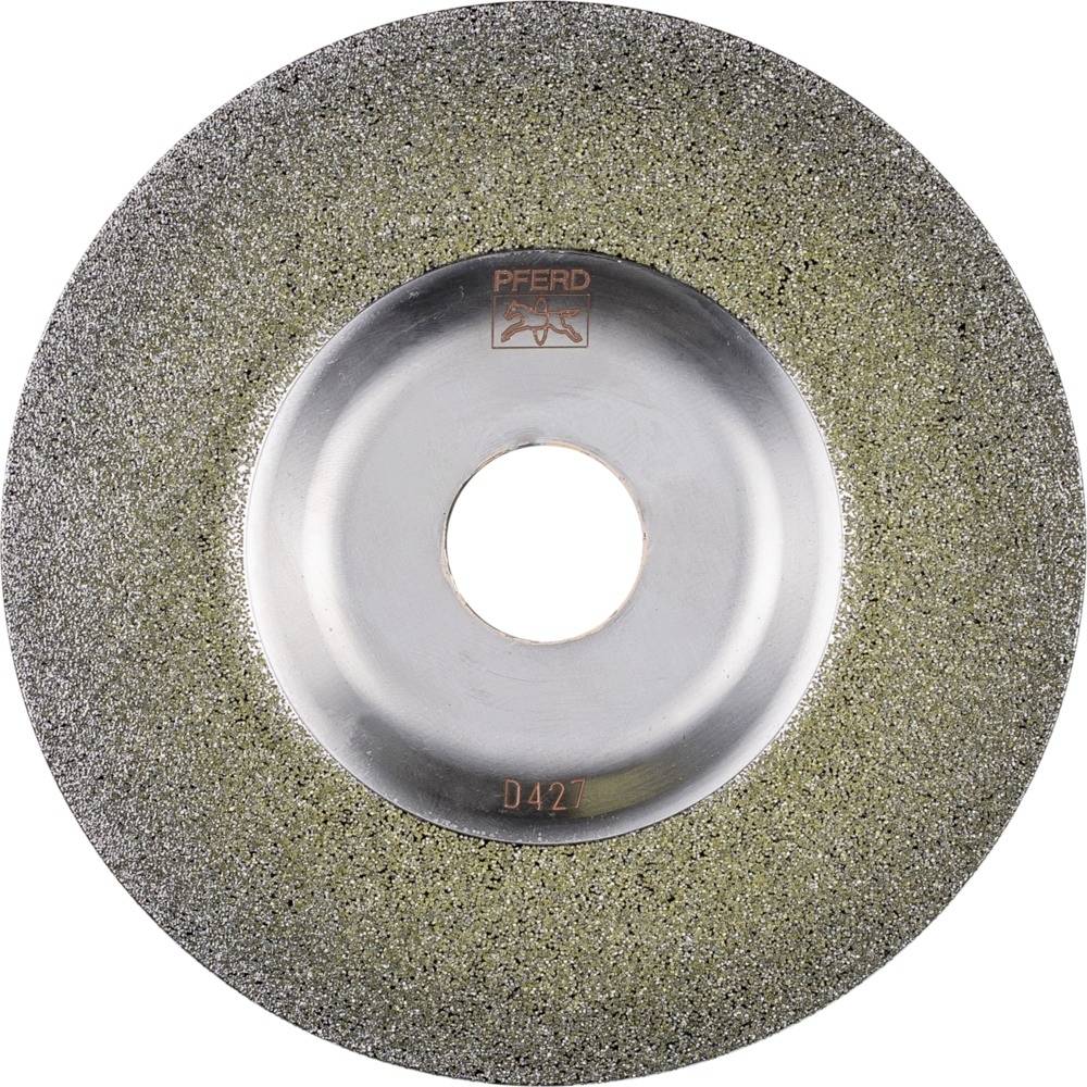 Diamantschleifscheibe mit silbernem Zentrum und grober Körnung, geeignet für Bearbeitung harter Materialien. Markierung 'PFERD D427'.