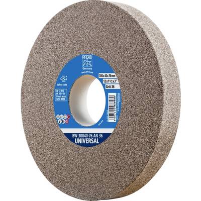 Schleifscheibe der Marke Universal, Durchmesser 300 mm, Körnung 36, dunkelgrau mit blauer Aufschrift in der Mitte, seitlicher Winkel.
