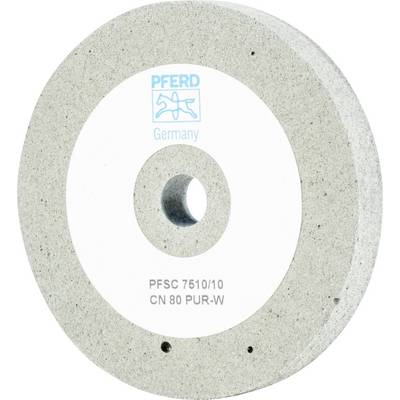 Graue Schleifscheibe mit Zentrumsetikett, Aufschrift 'PFERD Germany, PFSC 7510/10 CN 80 PUR-W', Loch in der Mitte.