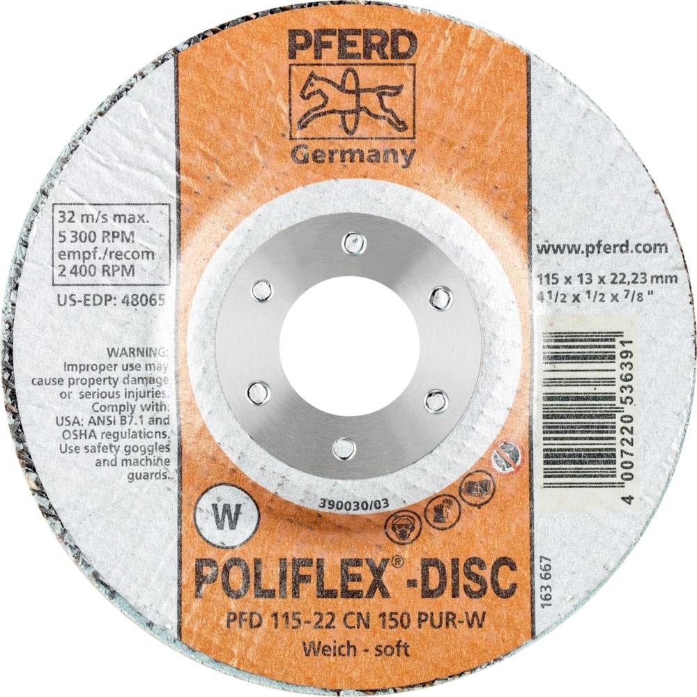 Die Abbildung zeigt eine Poliflex-Schleifscheibe mit den Spezifikationen: 115 x 22,23 mm, weich, maximal 12.200 U/min, Hersteller: PFERD.