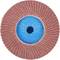 Schleifscheibe mit blauen Mittelpunkt und roten Lamellen, gleichmäßig um den Kern angeordnet.