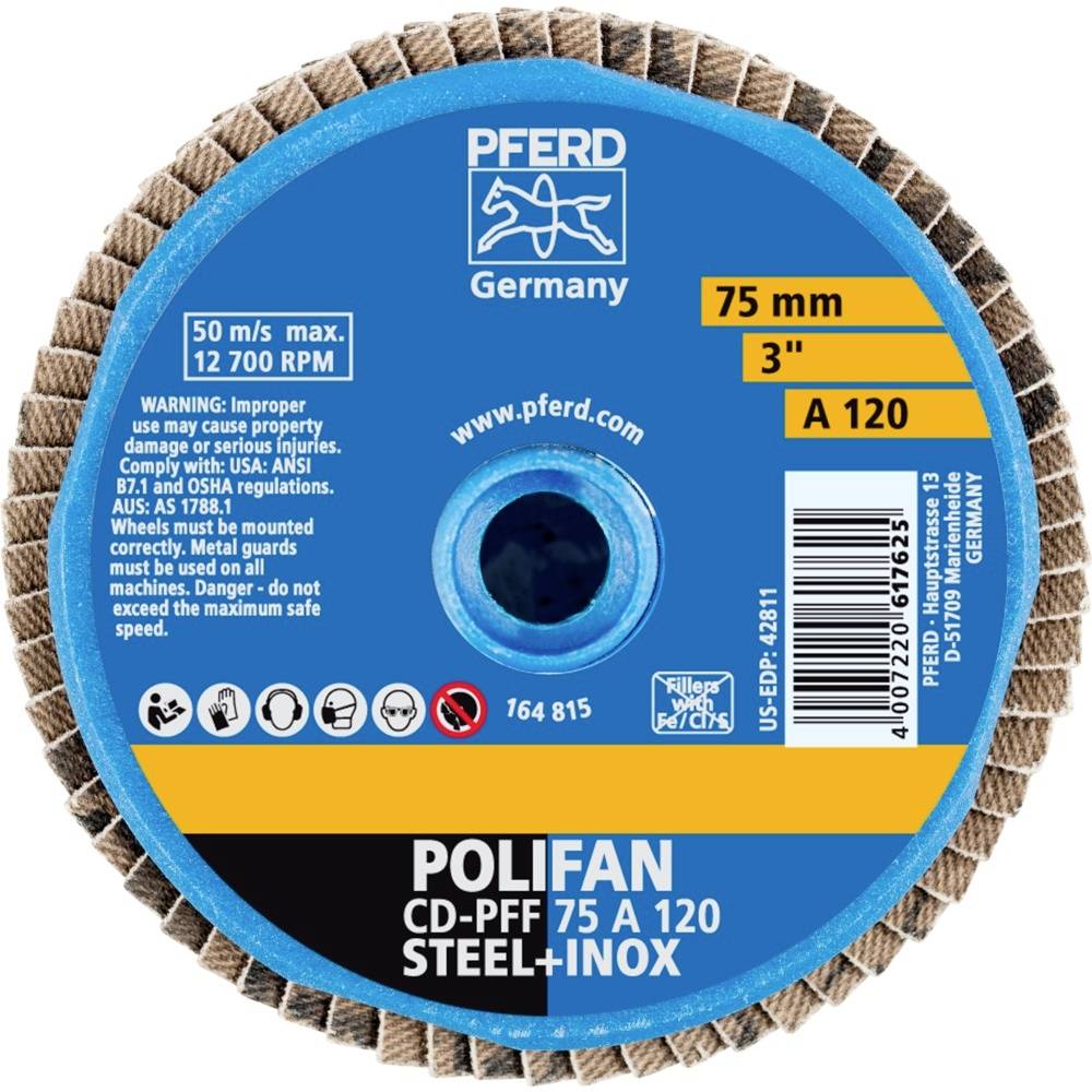 Runde Schleifscheibe von PFERD, Modell POLIFAN CD-PFF 75 A 120, geeignet für Stahl und Inox, 75 mm Durchmesser, maximale Drehzahl 12.700 U/min.