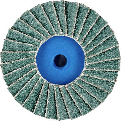 Nahaufnahme einer Schleifscheibe mit grünen Lamellen und blauem Zentrum, verwendet zum Schleifen und Polieren von Materialien.