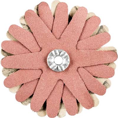 Ein rotes, blumenförmiges Schleifwerkzeug mit mehreren Blättern, das zum Polieren oder Schleifen von Oberflächen verwendet wird.