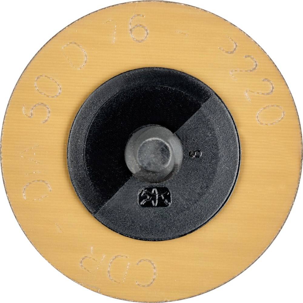 'Runder Schliffkegel CD75 D50VG 3220'. Schwarzer Zylinder auf gelber Scheibe. Markierungen und Nummern auf der Scheibenoberfläche.
