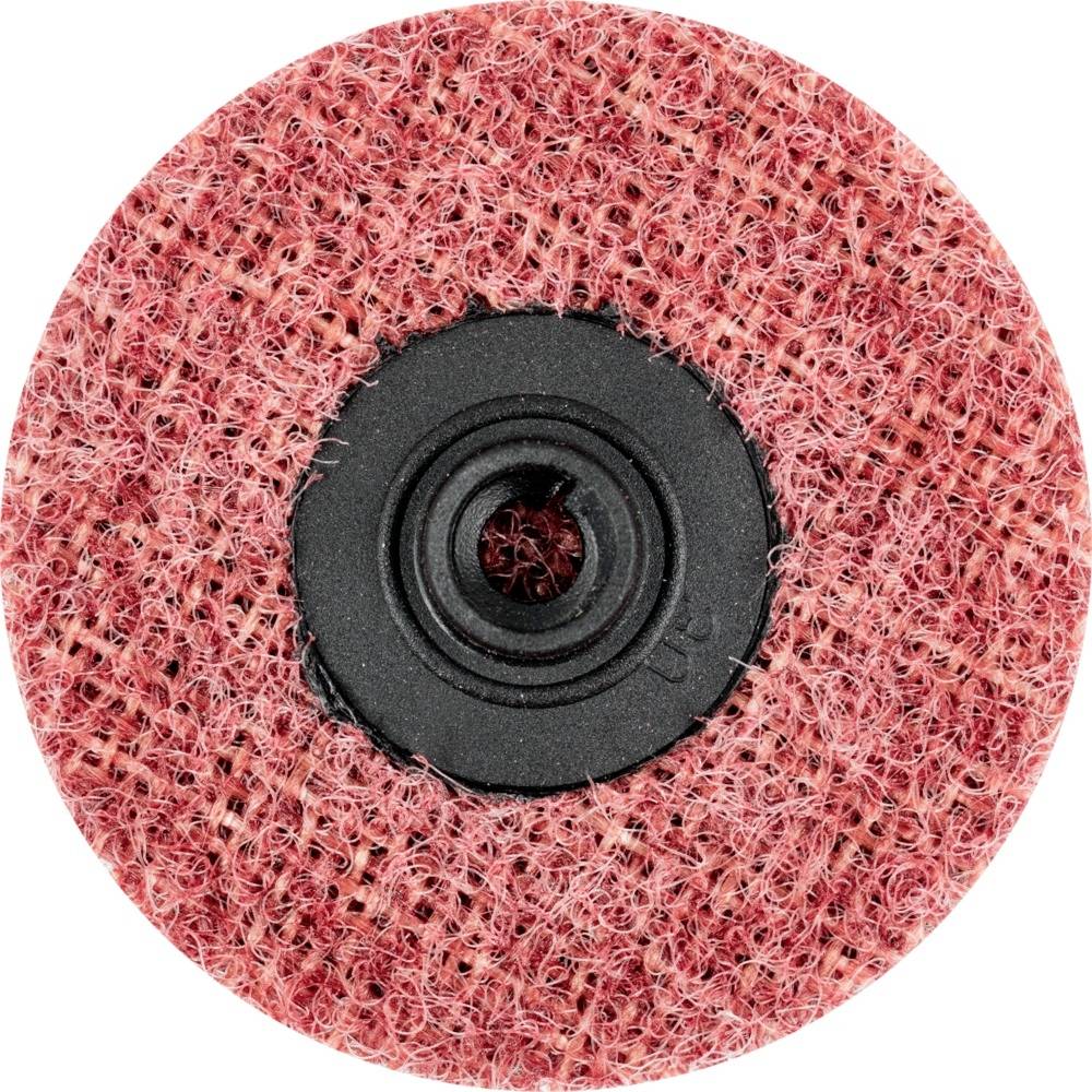 Ein runder, roter Schleifaufsatz mit einem schwarzen Mittelteil, verwendet für Oberflächenbearbeitung in Handwerk und Industrie.