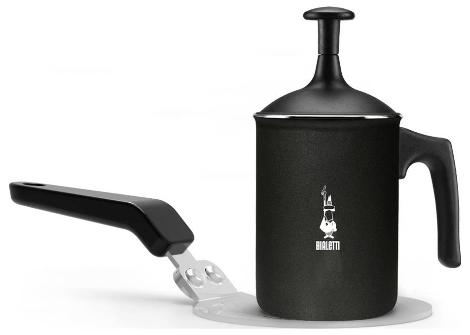 Bialetti-Milchaufschäumer mit schwarzem Griff, Deckel und Ausguss, entwickelt zum Aufschäumen von Milch, mit einem Silhouetten-Logo an seiner Seite.