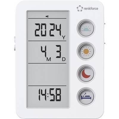 Digitaler Countdown-Timer mit drei großen Anzeigefeldern und Buttons für Sonne, Mond und Schlafsymbol, zeigt '2024Y 4M 3D' und '14:58'.