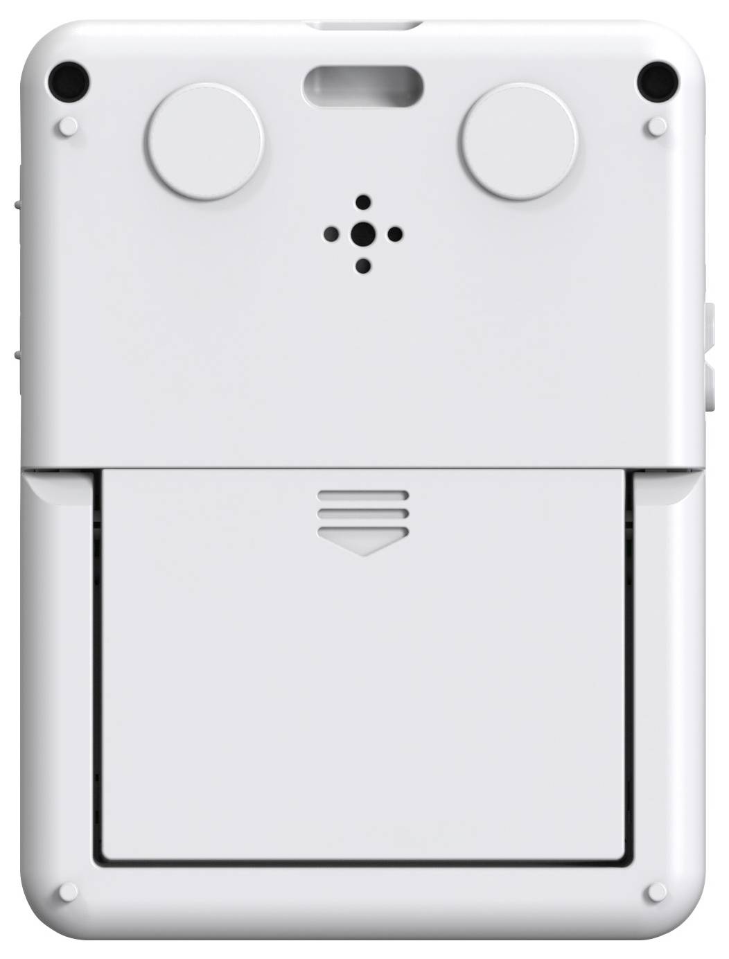 Rückansicht einer weißen elektronischen Spielkonsole mit Klappe, zwei kreisförmigen Elementen oben und Lüftungsschlitzen in der Mitte.