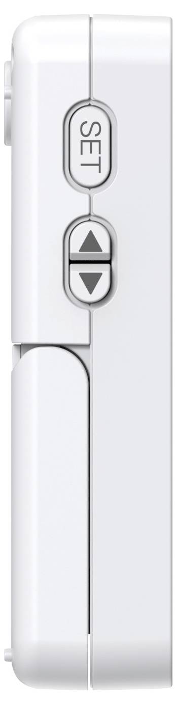 Seitenansicht eines weißen Geräts mit einer 'SET'-Taste und Pfeiltasten nach oben und unten.