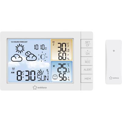 'Renkforce' Wetterstation zeigt Wochentag, Uhrzeit, Datum, Wettervorhersage mit Sonne und Wolken. Temperatur innen 25,6°C, Luftfeuchtigkeit 60%.