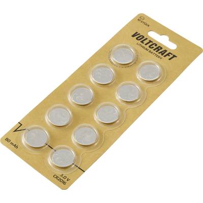 Eine Blisterpackung mit zehn Knopfzellbatterien 'Voltcraft CR2016', 3,0 V, 80 mAh, geeignet für kleine elektronische Geräte.