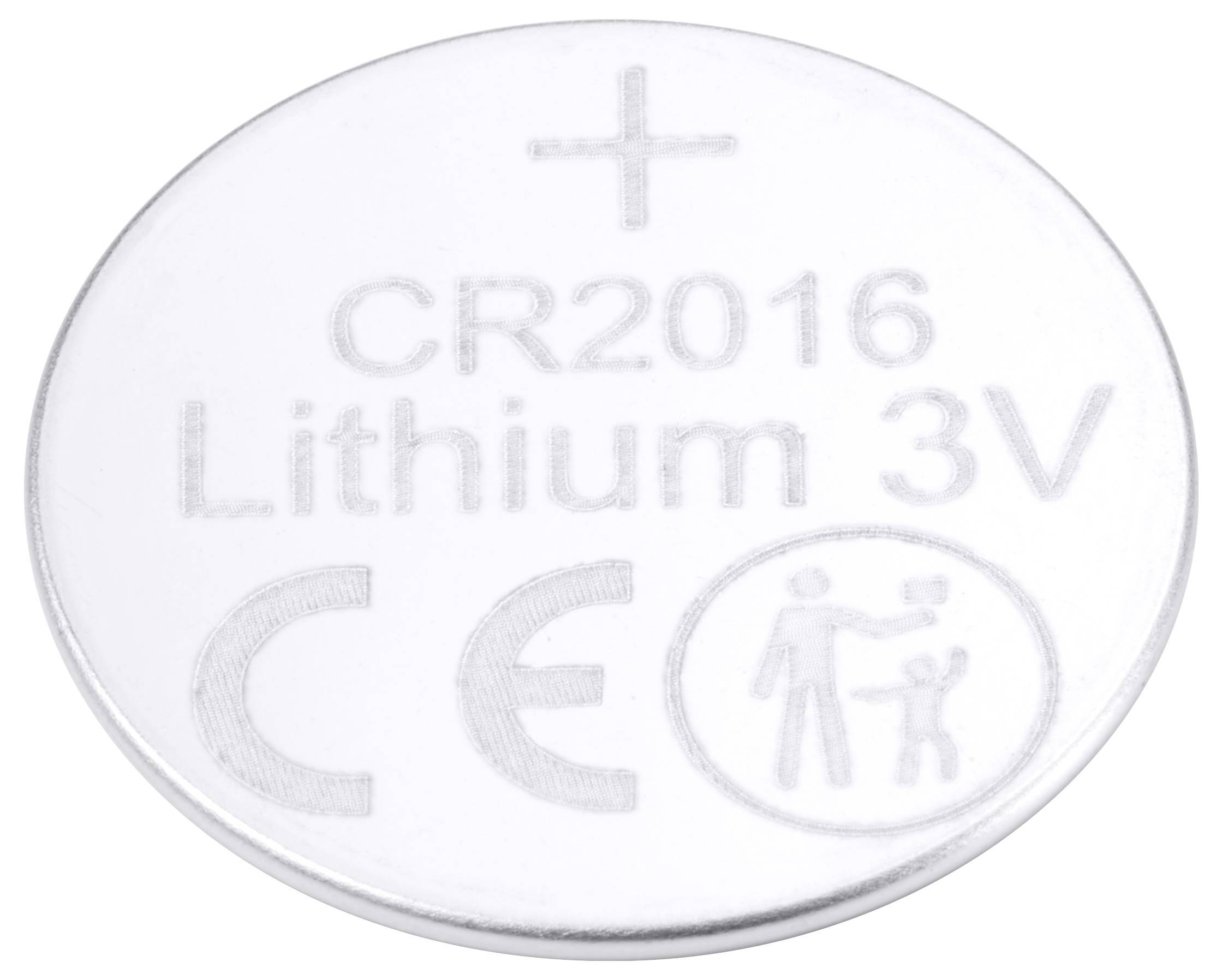 Runde Silber-Batterie mit Prägung 'CR2016 Lithium 3V' und CE-Zeichen. Warnt durch ein Symbol vor Verschlucken durch Kinder.