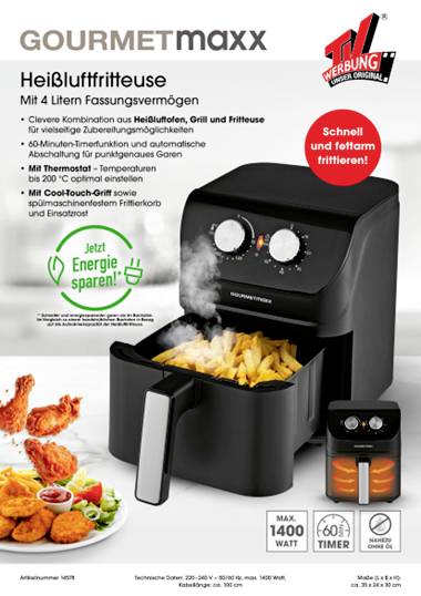 GourmetMaxx 14578 Heißluft-Fritteuse 4 l 1400 W Cool-Touch-Gehäuse Schwarz-14