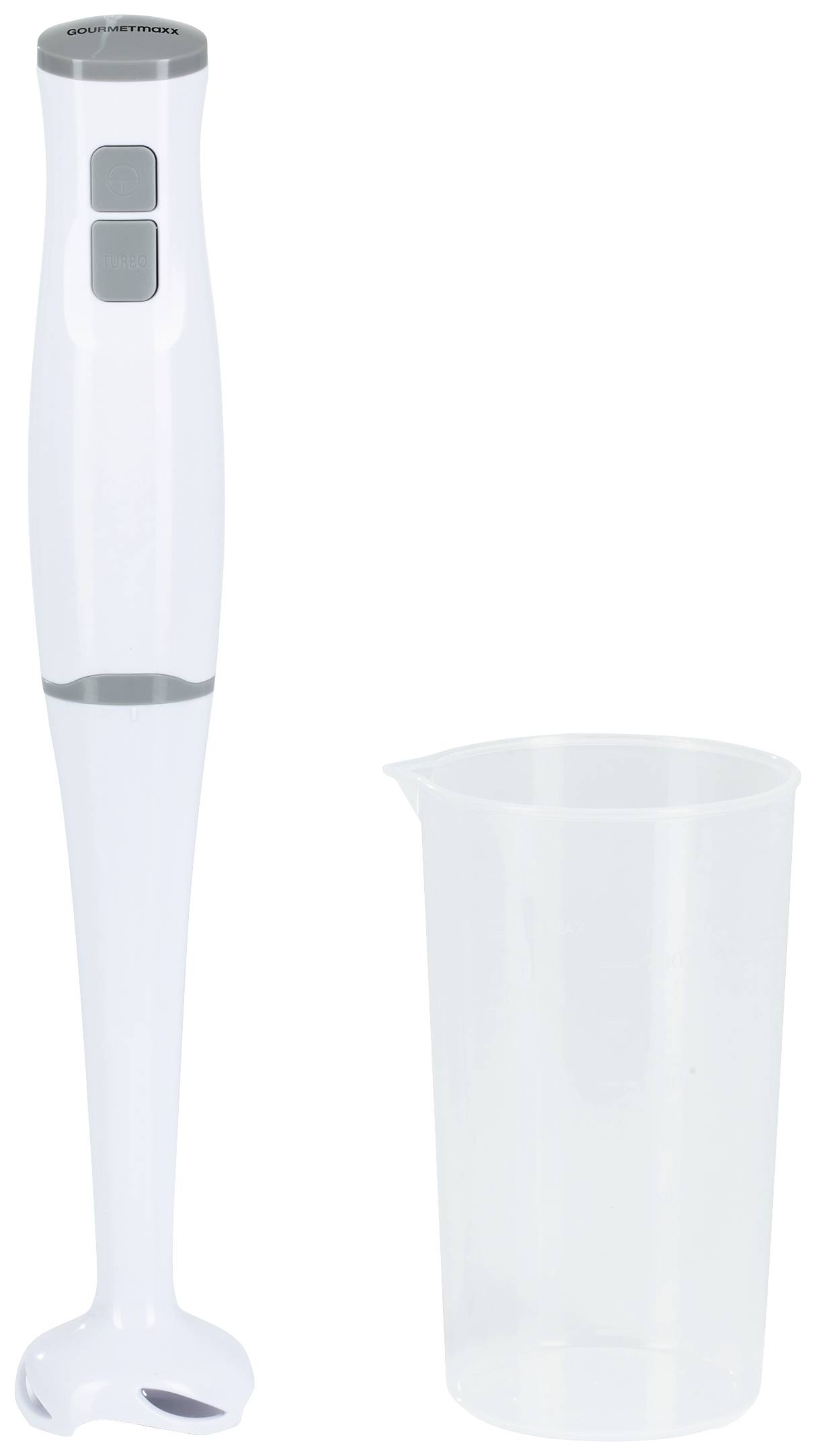 Ein weißer Stabmixer mit zwei Knöpfen neben einem transparenten Messbecher auf weißem Hintergrund.