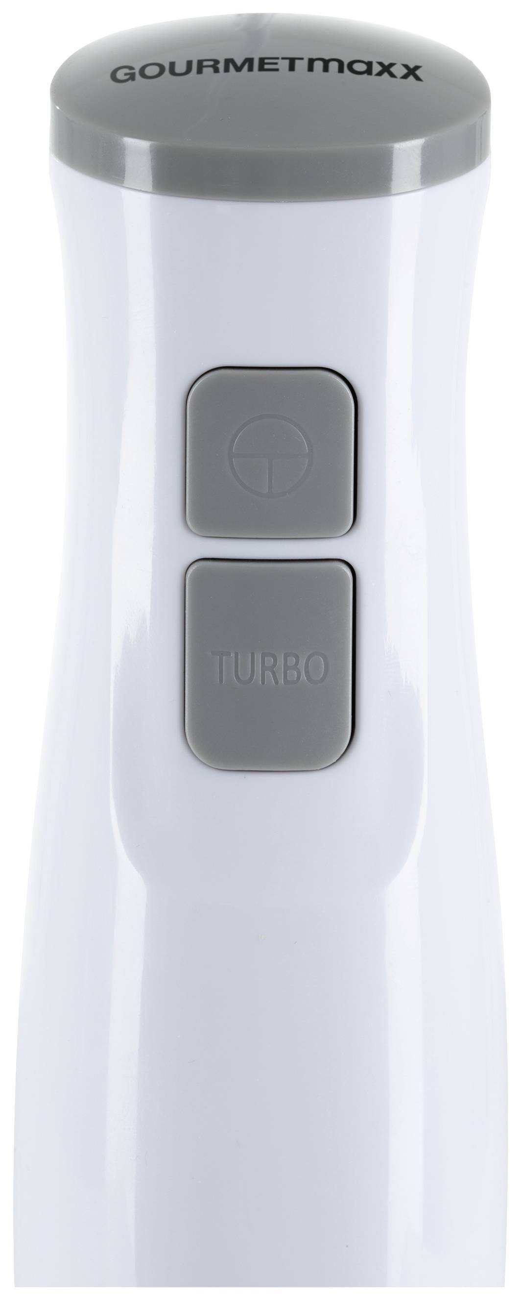 Ein weißer Mixer mit zwei grauen Knöpfen, einer mit der Aufschrift 'Turbo', unter einem grauen Deckel. Oberhalb steht 'Gourmetmaxx'.