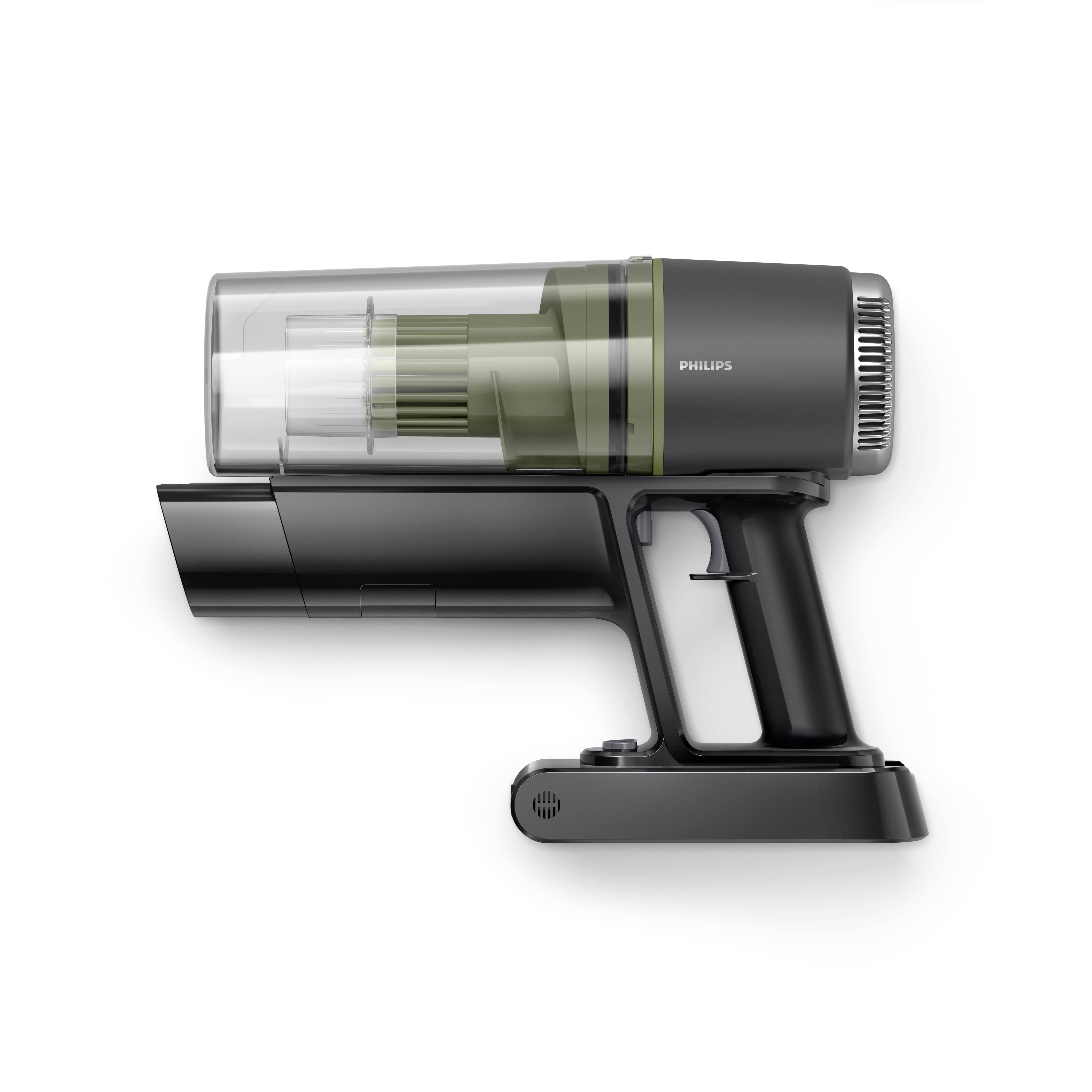 Kabelloser Staubsauger in neutralen Farben mit ergonomischem Griff und sichtbarem Staubbehälter. Geeignet für vielseitige Reinigung.