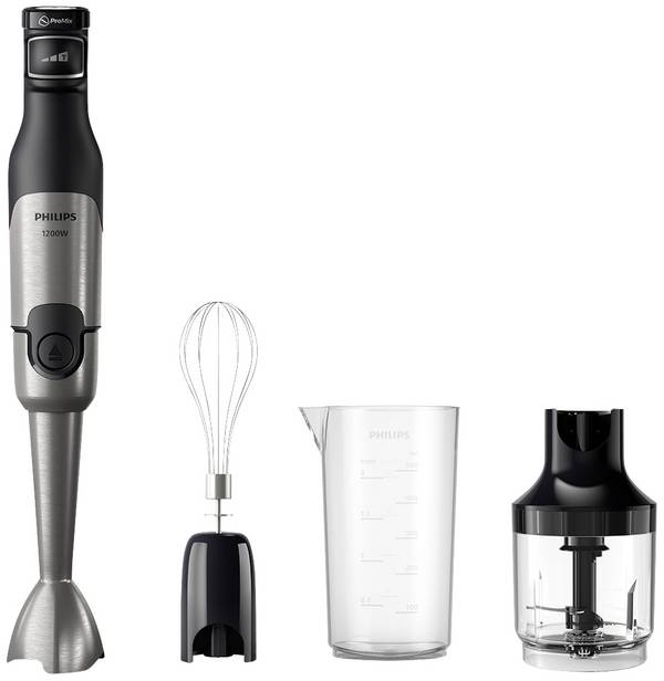 Philips Home HR2683/00 Stabmixer 1200 W Mixstab für Suppen, Schneebesenaufsatz, mit Messbecher, mit Zerkleinereraufsatz, stufenlose Geschwindigkeitseinstellung Schwarz, Silber
