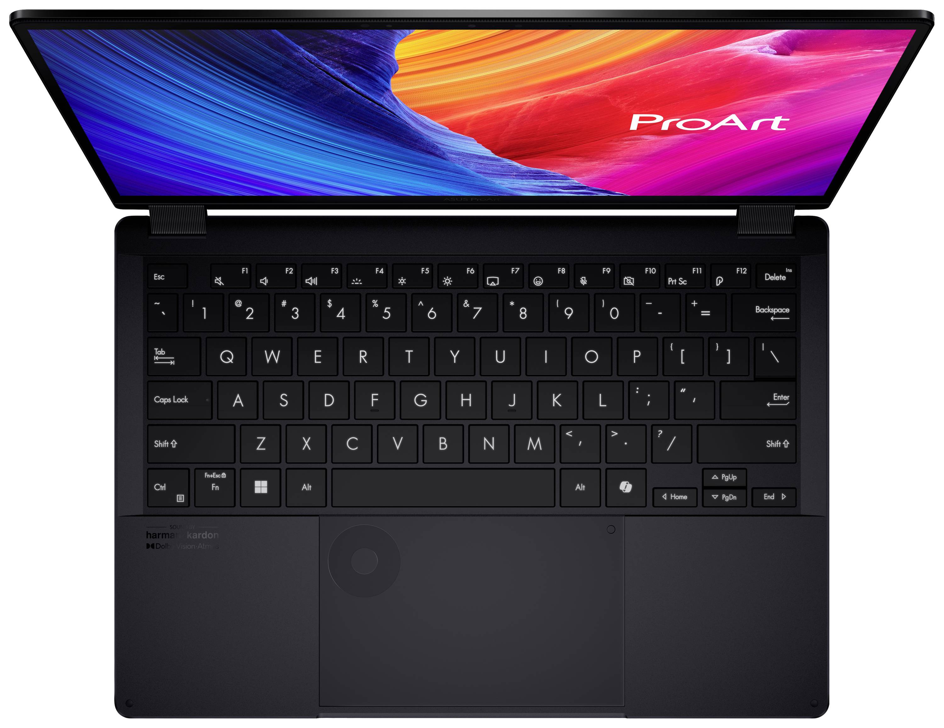 Ein geöffneter Laptop mit sichtbarer Tastatur und Bildschirm, der 'ProArt' anzeigt. Geeignet zur Bildbearbeitung und Grafikdesign.